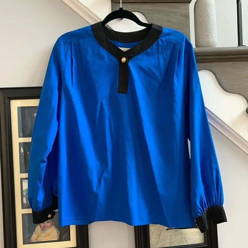 Vintage Josephine Royal Blue & Black Button Blouse sz 8